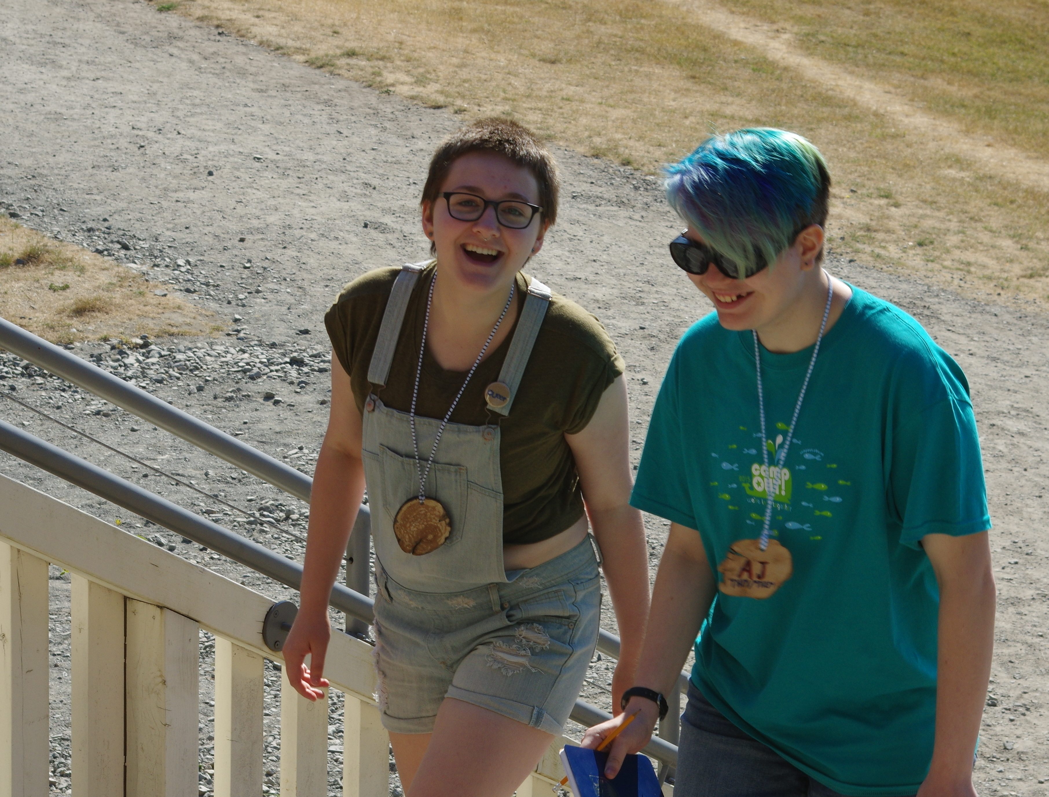 blue-hair-campout-shirt-stairs